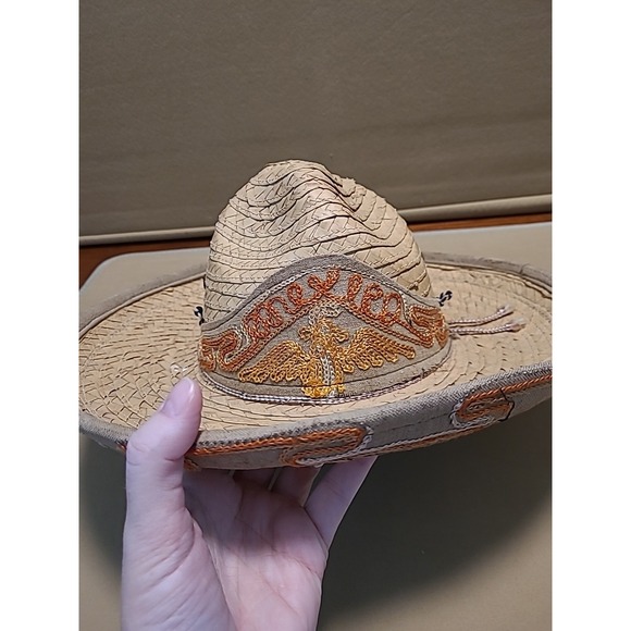 Vintage Straw Hat Woven With Design Embroidered‎ Orange Yellow Small 7" Opening - Picture 15 of 16